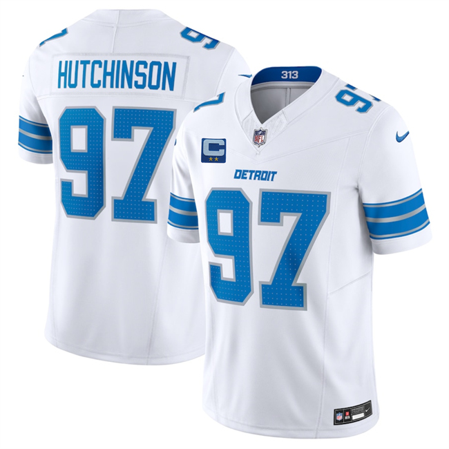 Men's White Detroit Lions #97 Aidan Hutchinson 2025 F.U.S.E. With 2-Star C Patch Vapor Limited Stitched Jersey
